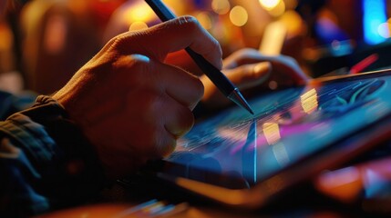 Close-up of hands using a digital tablet with a stylus pen, with a blurred background