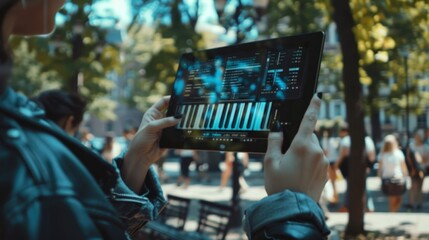In a crowded park a music teacher holds up a tablet to reveal a virtual piano keyboard for her student providing a unique visual aid for learning.