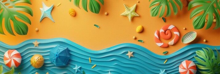 Summer holiday background. top view 3d beach clay style, copy space for your text.