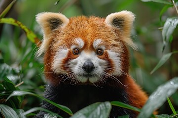 Obraz premium Rare species of panda, red panda, peeks out from behind the leaves. Lesser panda, cat bear or Himalayan raccoon. Concept of rare and endangered animal species, biodiversity conservation