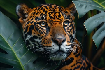 Obraz premium Rare leopard peeks out from behind palm leaves. Portrait of majestic leopard. Concept of rare and endangered animals and biodiversity conservation