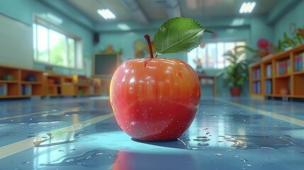 Apple on book pile in empty classroom, gentle pastel backdrop for educational readiness campaign materials.