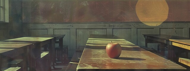 Sunlit classroom with apple on books, detailed empty desks for educational awareness campaigns about back-to-school readiness