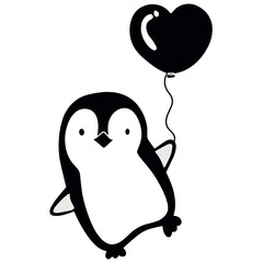 Cute black and white penguin with love balloon illustration