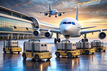 autonomous baggage handling robots and electric planes preparing for takeoff