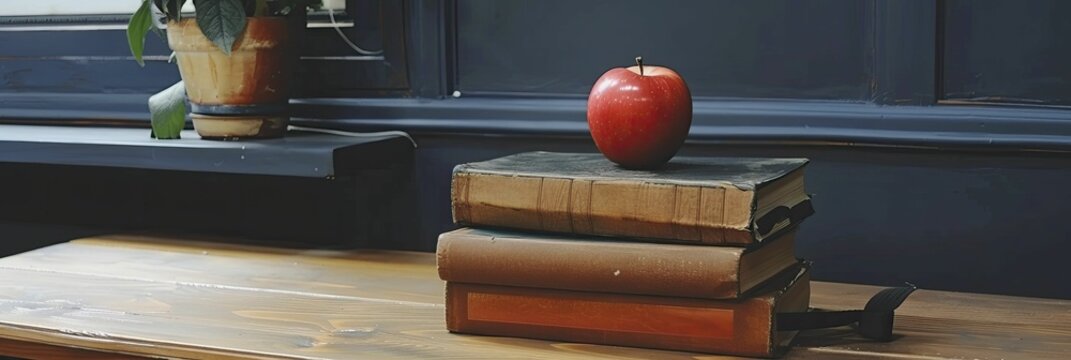 Traditional classroom stack of books and apple, light backdrop for promotional education campaigns about back-to-school prep