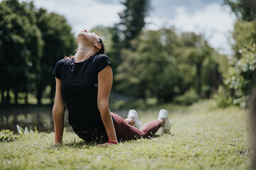 A serene young woman executing a back bend yoga stretch in a lush park, embracing the warm sunlight...