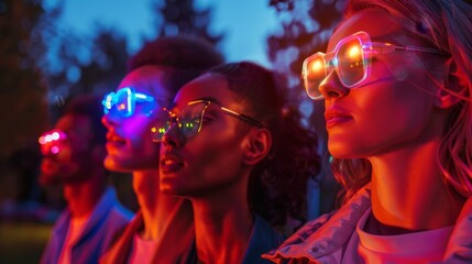 A group of friends out for a walk in the park all wearing smart contact lenses with colorful HUDs projected in front of their eyes.