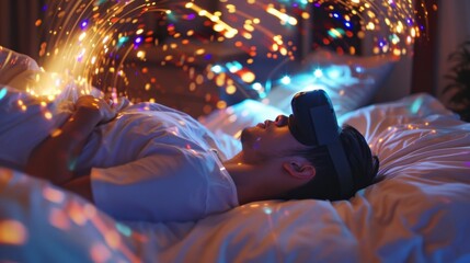 Obraz premium A man lies on a virtual reality bed scrolling through patterns and materials for bedding and pillows to match the exact aesthetic hes imagining for his bedroom.