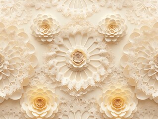 A white background with a flowery design. The flowers are made of lace and are arranged in a circular pattern. Scene is elegant and delicate