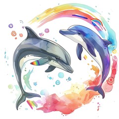 Vibrant watercolor illustration of two playful dolphins surrounded by colorful splashes and abstract elements.
