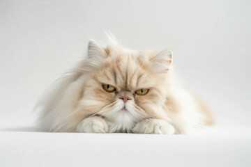 Fototapeta premium Angry persian cat laying down on white background, looking at the camera feline beauty and attitude captured in portrait