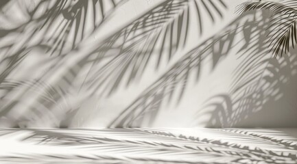 Obraz premium 3D rendering of empty white wall with palm leaves shadows. Background for product presentation in tropical summer theme