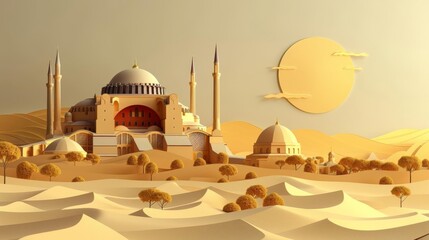 An illustration of a middle eastern city. The buildings are made of clay and have intricate designs. The sun is setting, casting a warm glow over the city.