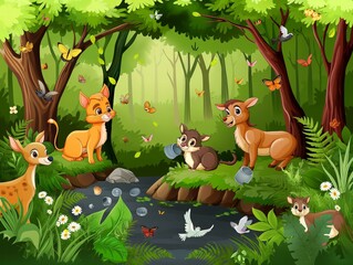 A group of animals are in a forest, including a cat, a deer, and a rabbit