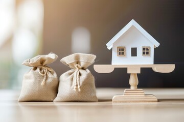 Fototapeta premium Balance scale with two bags of money and one house model on it, symbolizing the concept of home.