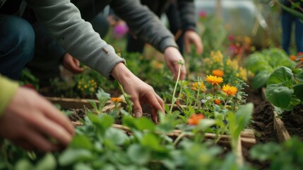 A group of people are collecting various plants such as flowers, grass, leaf vegetables, and shrubs in a garden. AIG41