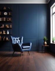 Modern interior of living room with leather armchair on wood flooring and dark blue wall
