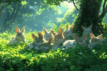 Peaceful Furry Creatures Resting in Green Field Under Soft Light