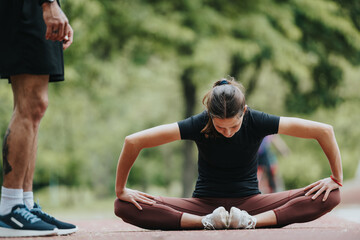 Focused female athlete practices stretching exercises in a park with guidance from a male fitness...