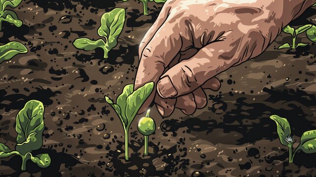 Close-up of hand planting seeds in soil with young green sprouts, illustrating the concept of growth and agriculture.