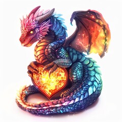 Colorful dragon holding a glowing heart, fantasy art concept with vibrant colors and detailed textures, perfect for magical themes.