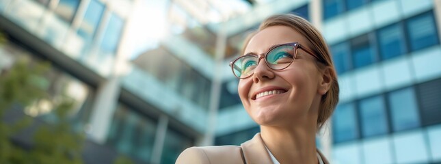 smiling young businesswoman with glasses standing in front of a modern office building in a low angle shot. generative AI