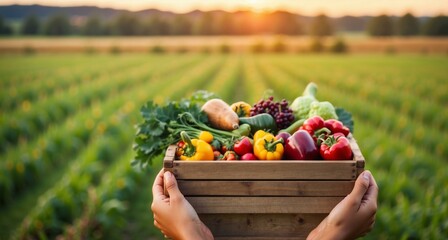 An organic farmer's hand holding a wooden box of fresh vegetables in the field.