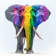A proud elephant with tusks painted in the colors of the LGBTQ+ pride flags, standing tall and strong on a white background