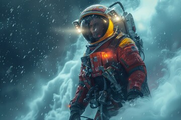 Obraz premium Enigmatic Astronaut: Red and Yellow Sci-Fi Suit on Glowing Serene Cloud