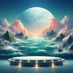 A surreal scene with a large moon rising above tumultuous ocean waves surrounded by mountains, with a ship sailing on the right and an illuminated circular platform in the foreground. Ai generative 