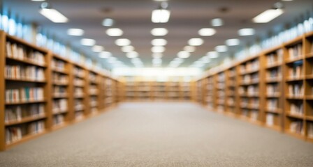 Softly blurred library shelves provide a tranquil setting for reading.