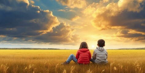 Two small children, a boy and a girl, sitting on the grass, symbolizing childhood and friendship.