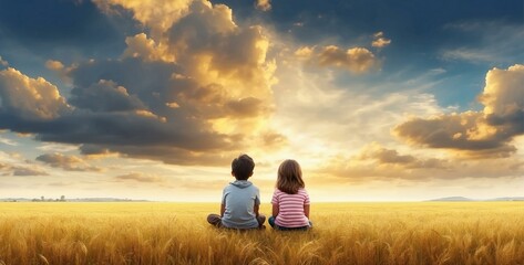 Two small children, a boy and a girl, sitting on the grass, symbolizing childhood and friendship.