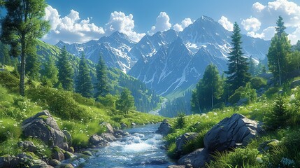 A mountain stream cascading over rocks, surrounded by lush green vegetation and tall trees, with the sound of flowing water adding to the serene forest setting. Illustration