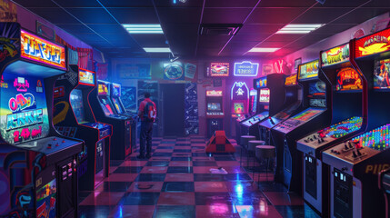 A neon-lit room with a lot of video game machines