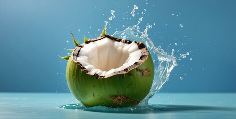 Isolated on a pastel summer blue background with copy space, coconut water is seen splattering out of a fresh green coconut.