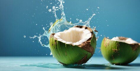 On a pastel summer blue background with ample copy space, a vibrant image captures the moment coconut water splatters out of a freshly cracked green coconut.