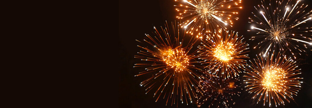 Banner Golden Firework celebrate anniversary independence day night time celebrate national holiday. Countdown 2024 party time event. Happy new year 2025 4th of july holiday festival with copy space