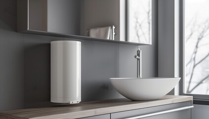 White wall mounted waterheater in bathroom interior