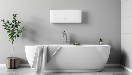 A white water GMH250B wall mounted electric boiler is hanging on the grey bathroom walls, next to it there's an open sink and a towel rack with towels