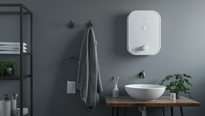 A white water GMH250B wall mounted electric boiler is hanging on the grey bathroom walls, next to it there's an open sink and a towel rack with towels
