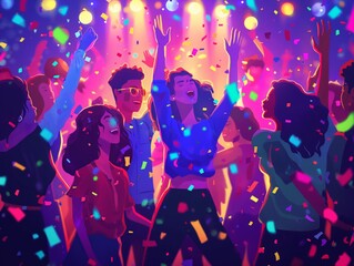 A group of people are dancing and celebrating at a party. Scene is lively and fun