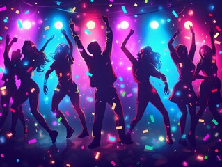 A group of people are dancing in a club with colorful lights and confetti. Scene is energetic and fun
