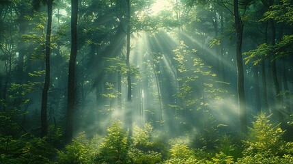 Naklejka premium Early morning mist in a dense forest, with sunlight filtering through the trees and creating an ethereal and dreamy landscape perfect for peaceful backgrounds. Illustration