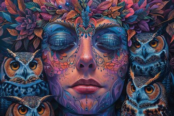 Nature Guardian: Colorful Full Body Portrait Surrounded by Magical Owls in Enchanted Forest