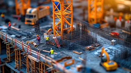 Busy Construction Site with Workers and Heavy Machinery