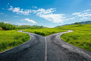 Fork in the road with two different paths leading to distant horizon, blue sky and white clouds, green grass on both sides of the asphalt road, beautiful landscape with hills and trees