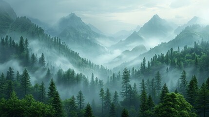 Obraz premium Fog rolling through a forested mountain valley, with the tops of the trees peeking through the mist and creating a mysterious and enchanting atmosphere. Illustration image,