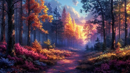 Evening light casting a warm glow on a forest, with tall trees and colorful underbrush creating a serene and reflective mood. Illustration image,
